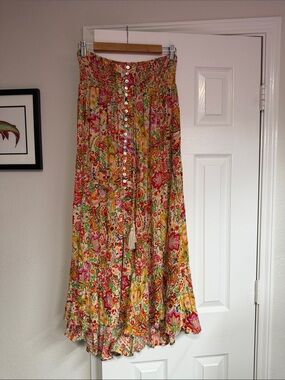 Cynthia Rowley Floral Button-Front Maxi Skirt in Pink Yellow Green Orange